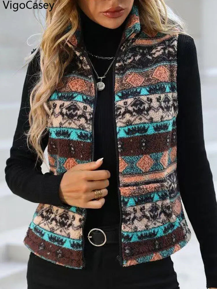 VigoCasey 2025 Casual Print Zipper Thick Vest Coat Woman Sleeveless Warm Plush Waistcoat Lady Autumn Winter Short Vest Jacket