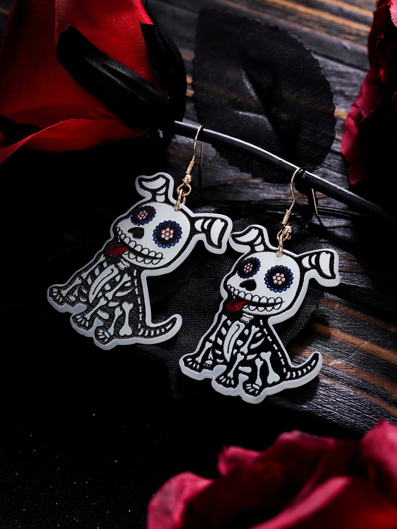 EtherealBe Halloween earrings for women featuring a playful skeleton dog design