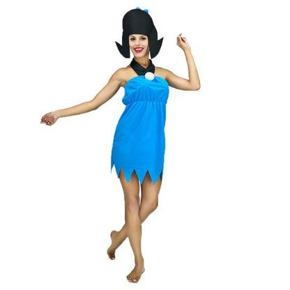 EtherealBe Wilma Flintstone costume for women in blue with unique black wig design