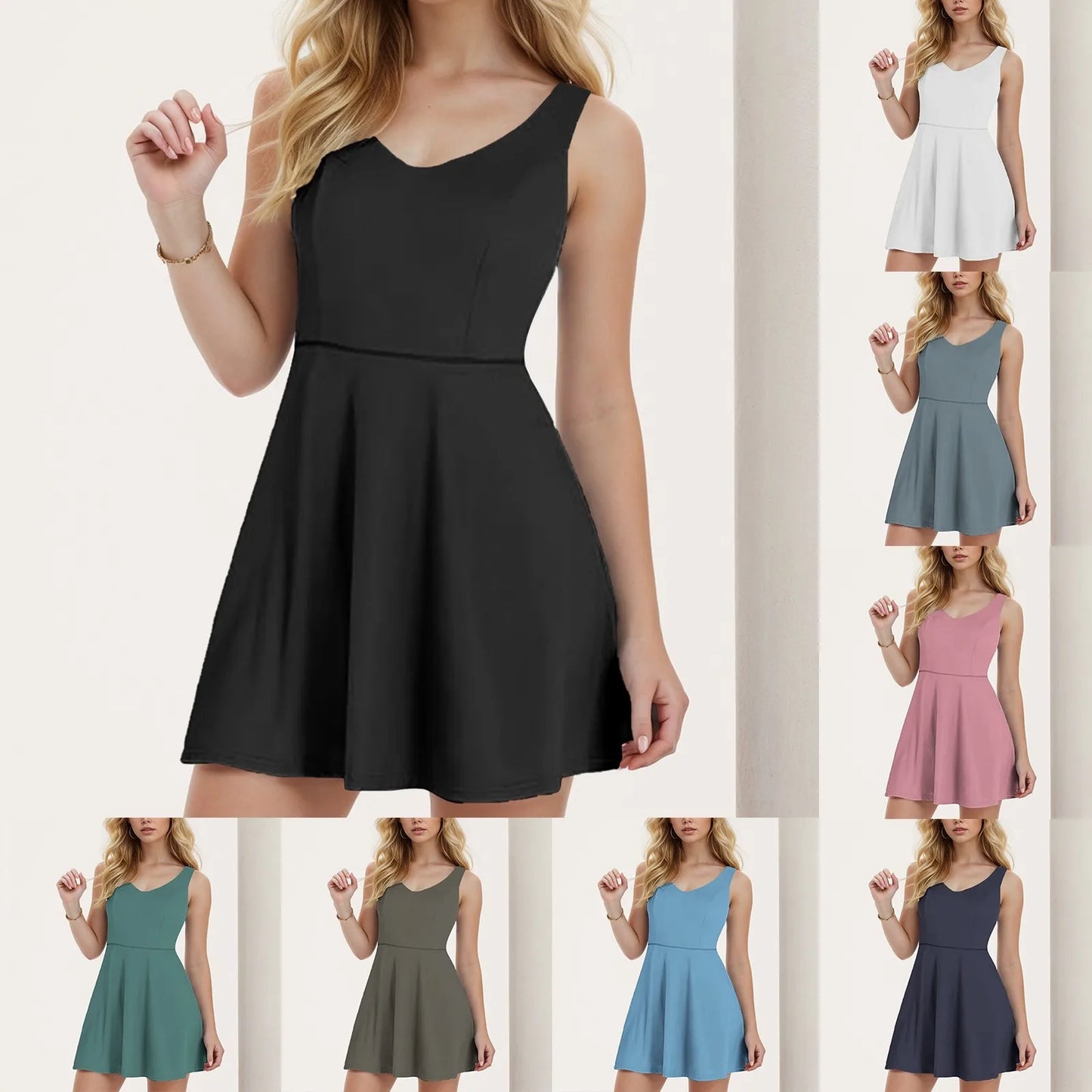 2024 New Tennis Dress Women Solid Color Beach Vacation Sports With Pocket Built In Shorts Breathable Backless Mini Dresses