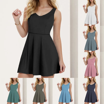 2024 New Tennis Dress Women Solid Color Beach Vacation Sports With Pocket Built In Shorts Breathable Backless Mini Dresses