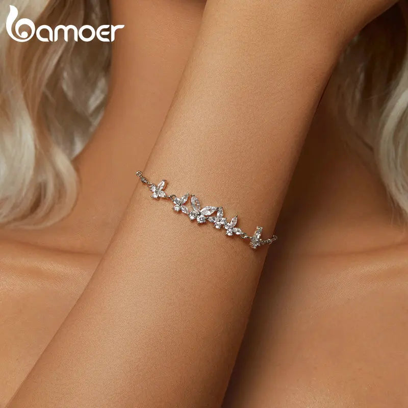 Bamoer 925 Sterling Silver Exquisite Dancing Butterfly Bracelet Pave Setting CZ Shiny Chain Link for Women Wedding Fine Jewelry