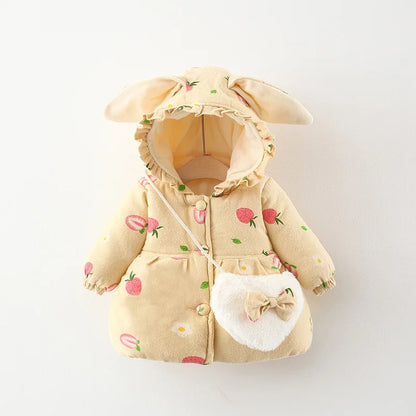 Winter Girls' Cotton Jacket, New Cute Children's Clothing, Solid Color Printed Girls' Cotton Jacket, Rabbit Ear Hooded Bag Gift