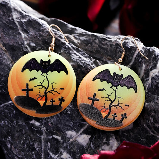 EtherealBe Halloween earrings for women featuring bats and gravestones in a colorful spooky design