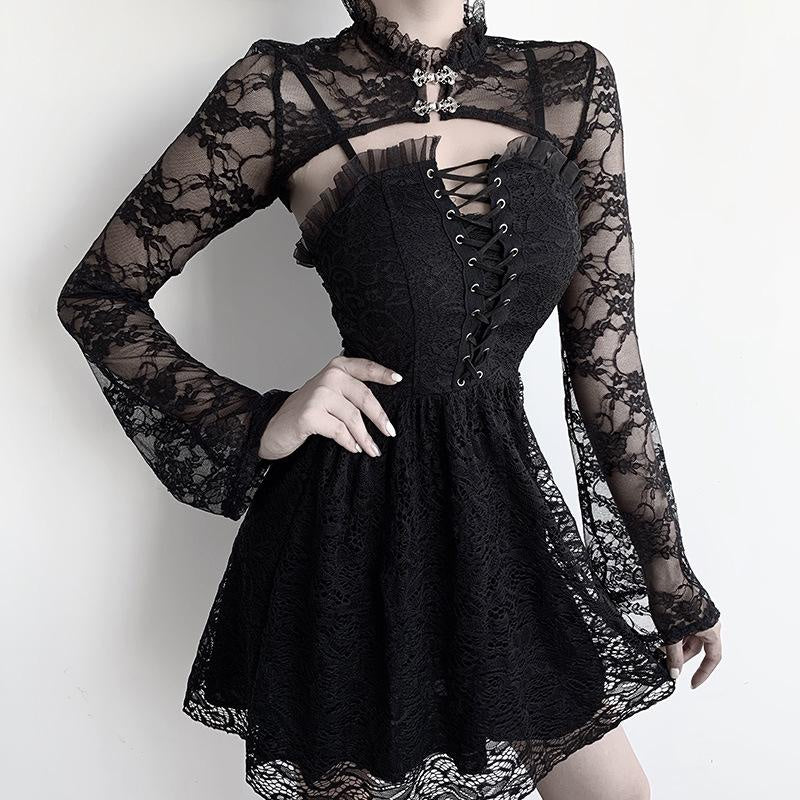 Vintage Dark Gothic Lace Mesh Long Flare Sleeve Overlay Turtleneck Covers Grunge Aesthetic Black Tops Streetwear for Women Egirl