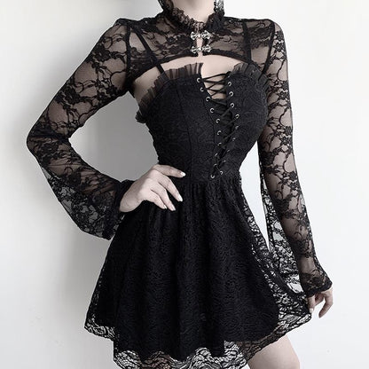 Vintage Dark Gothic Lace Mesh Long Flare Sleeve Overlay Turtleneck Covers Grunge Aesthetic Black Tops Streetwear for Women Egirl