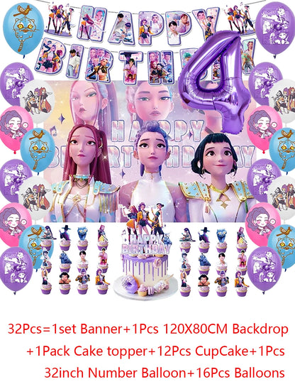 Demon Hunters Party Cutlery Set Banner Backdrop Balloons Cake Topper Outdoor Picnic Supply Birthday for Korean Kpop Anime Party
