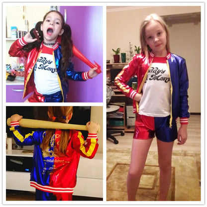 Harley Quinn kids cosplay costume in red and blue with fun accessories for playful dress-up adventures