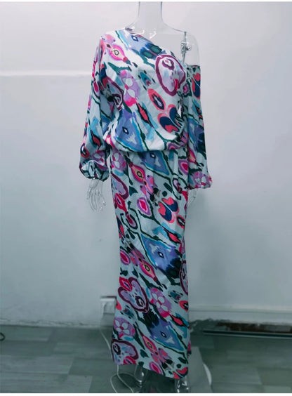 Autumn Casual Loose Print Two-piece Women Off Shoulder T-shirt Asymmetrical Long Sleeved Top And Half Body Fishtail Skirt Set