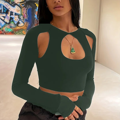 Spring and Summer Europe and the United States Hot New Street Selling Pure Color Round-necked Long-sleeved Hollow Midriff Shor