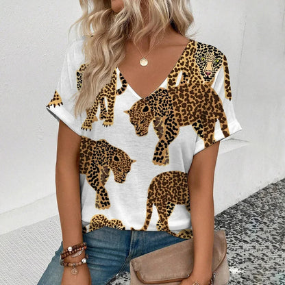 Summer clothing V-neck sexy leopard print T-shirt animal pattern women's shirt short sleeve street Korean style women's clothing