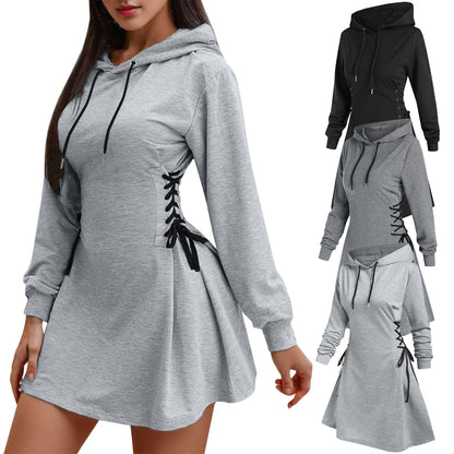 Autumn Long Sleeve Women Lace Up Sweatshirt Dress Fashion Solid Hooded Dresses Vestido Casual Drawstring Dress Streetwear платье