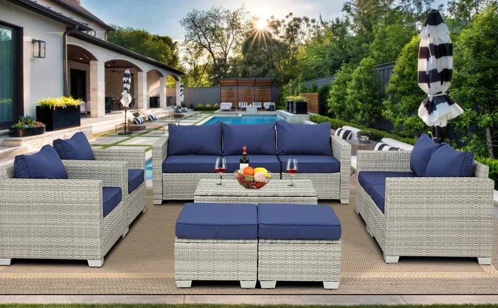 Qoutdoor PE wicker patio furniture rattan sectional loveseat couch set conversation sofa with storage box for balcony lawn a