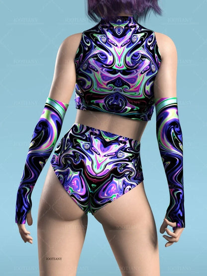 Adult Sleeveless Multicolor Role Play Bodysuit Swimsuit Women Sexy Hollow Off Shoulder Graffiti Art Bodycon Performance Costume