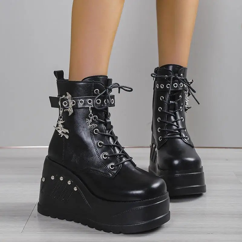 2025 New Boots for Women Fashion Hot Sale Punk Goth Platform Heels Wedge Women's Boots Casual Goth Punk Size 43 Women's Shoes
