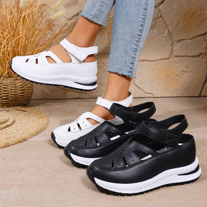 EtherealBe hollow wedge sandals plus size in black and white with adjustable straps for comfort