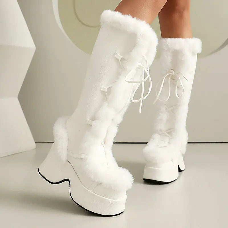8CM Chunk Heels Winter Warm Knee High Boots Women Snow Short Plush Platform Boots Faux Fur Cosplay Lace-up Long Shoes Size 34-43