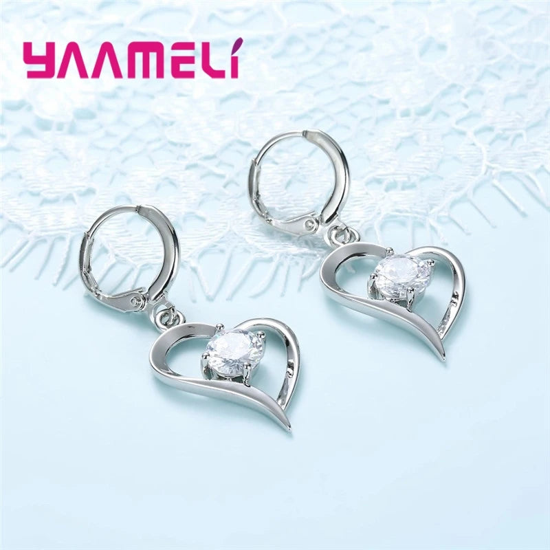 925 Sterling Silver Color Wedding Jewelry Sets for Women Love Heart Hollow Pendants Necklaces Earrings Clear Austrian Crystal