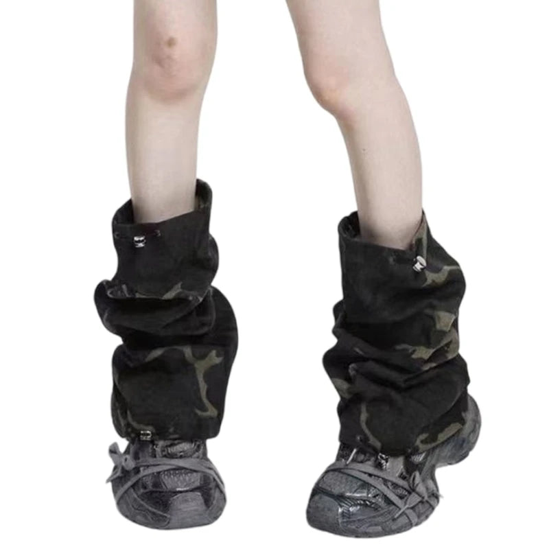 Women Harajuku Leopard Camouflage Leg Warmers Tiered Ruffled Knee Length Boot Cover Flared Footless Socks Streetwear 50cm/42cm