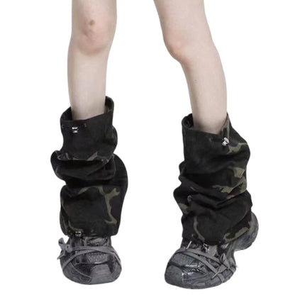 Women Harajuku Leopard Camouflage Leg Warmers Tiered Ruffled Knee Length Boot Cover Flared Footless Socks Streetwear 50cm/42cm