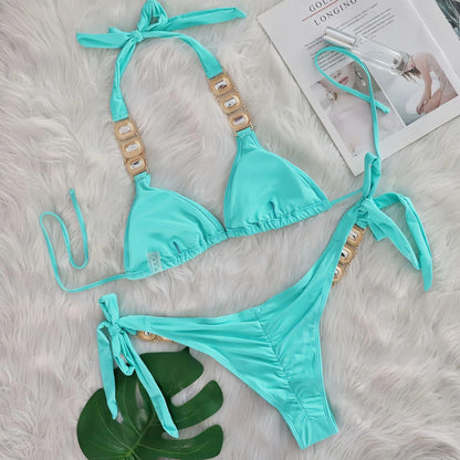 Sexy Rhinestone Bikini Set Women 2025 Luxury Pink Crystal Diamond Push Up Bandage Thong Swimsuit Beach Bathing Suit Swimwear