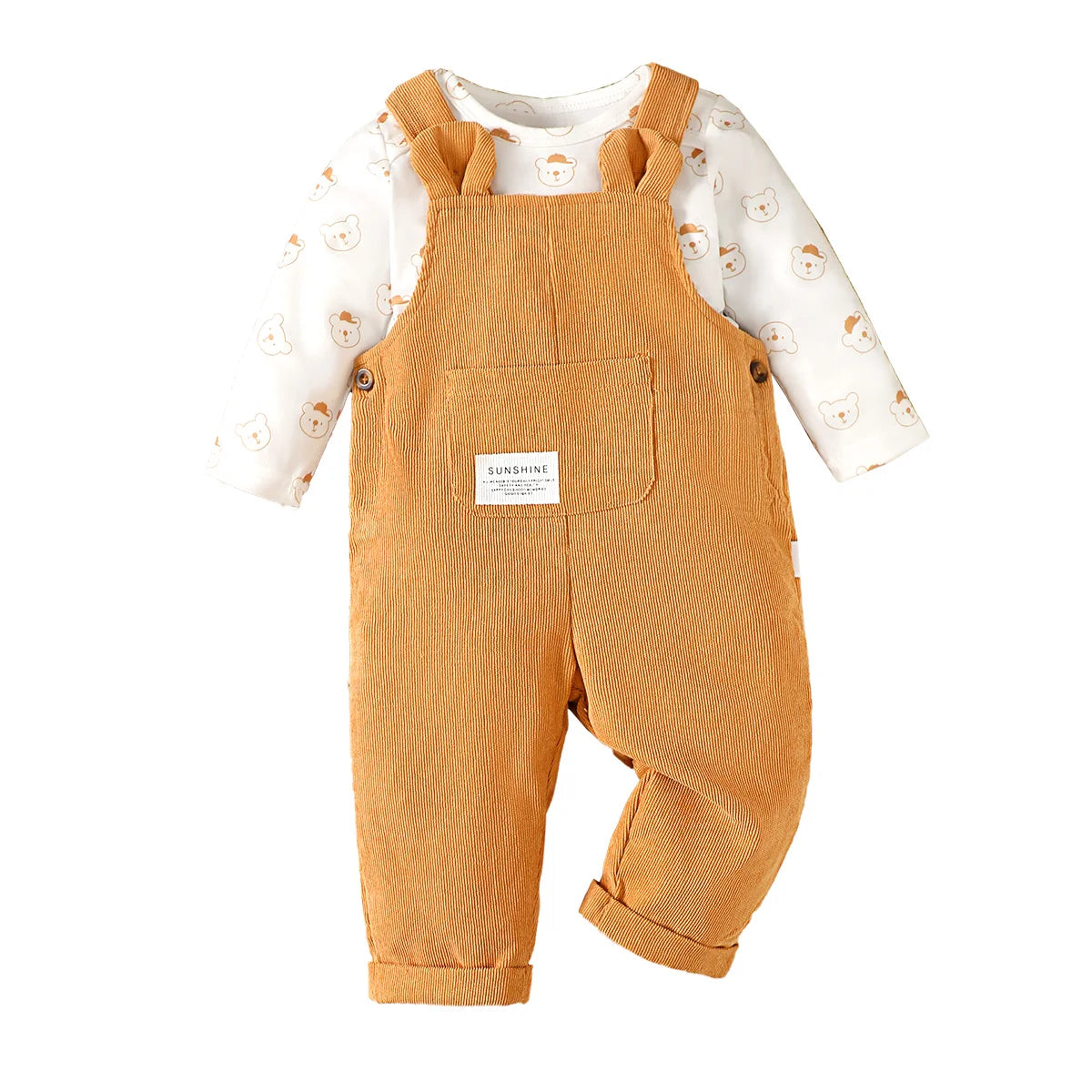 2PCS Infant Baby Boy Clothes Set Cute Bear Head Print Long Sleeve Bodysuit+Strap Spring&Autumn Suit for Toddler Boy 0-2 Years