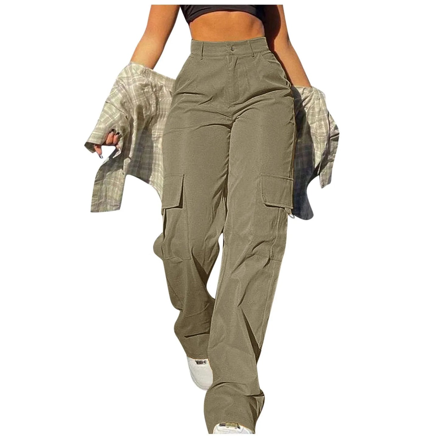 Ladies' Street Fashion Multi Pocket Cargo Pants Summer Solid Color Straight Leg Pants High Waist Slimming Loose Fit Cargo Pants