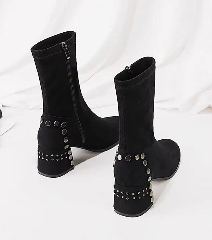 Mid Calf Round Toe Black Shoes For Women Ladies Boots Biker Footwear Studded Half High Gothic Hot Stylish And Low Price Pu