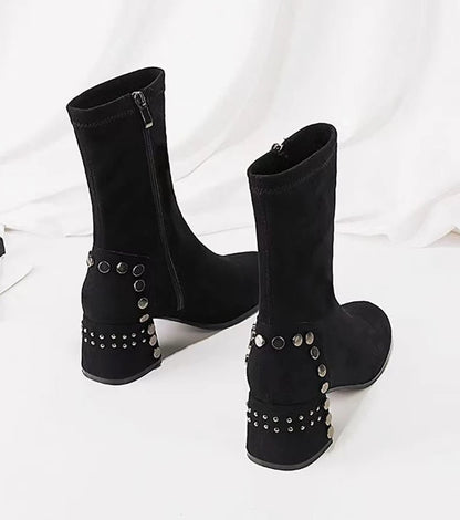 Mid Calf Round Toe Black Shoes For Women Ladies Boots Biker Footwear Studded Half High Gothic Hot Stylish And Low Price Pu