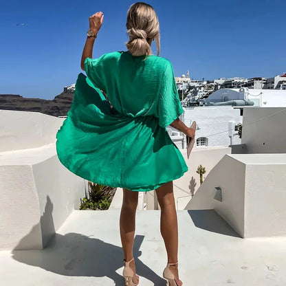 Sexy V Neck Dresses For Women Elegant Short Sleeve Solid A-line Loose Mini Dress Women Casual Beach Party Dress Boho 2022