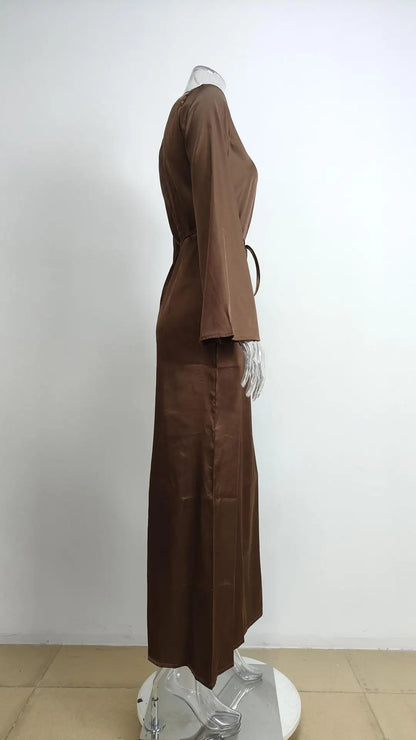 Women‘s Maxi Dress 2025 New Silk Long Round Neck Satin Flare Sleeve Lace Up Slim Skirt Evening Party Dresses Sexy Chic Robes