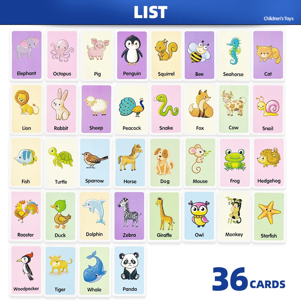 36 Double-Sided Animal Cognitive Cards, Kidsren's Enlightenment Picture Learning, Paper Fun Teaching Cards