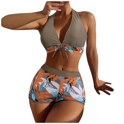 Women's Paneled Printed Swimsuit Ladies Fashion Sexy Split Boxer High Waist Swimsuit Two-Piece Set V-Neck Bathing Suits Female