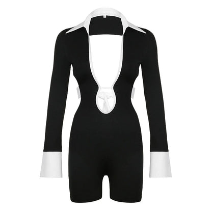 Black White Patchwork Deep V-Neck Hollow Out Jumpsuit Shorts Women Long Sleeve Backless Lace Up Club Party Rompers Outwear 2024