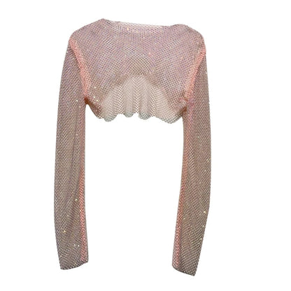 Women Colorful Rhinestones Long Sleeve Crop Top Sparkly Glitter Drill Shawls Shrug See Through Fishnet Cover Up Clubwear