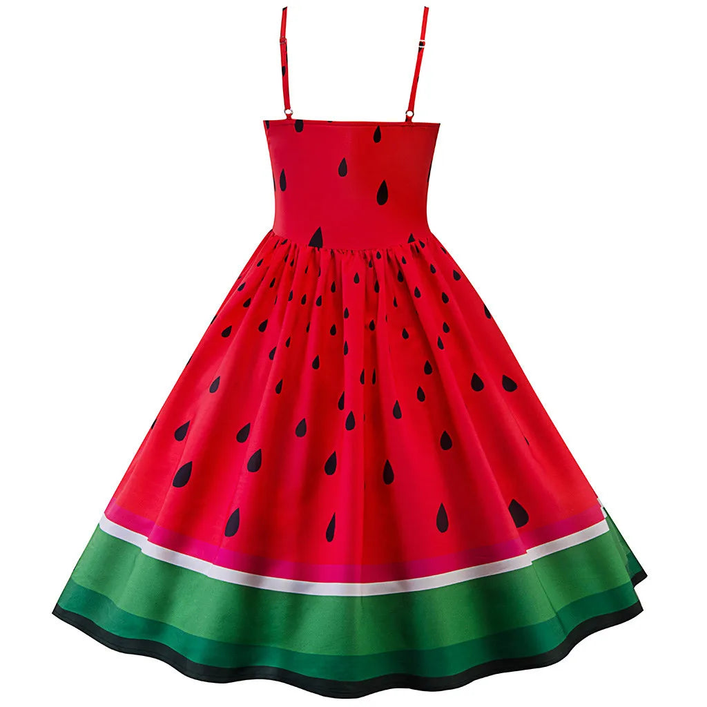 Women Watermelon Printing Party Dress Off Shoulder Slip A-Shaped Swing Skirt Sweet New Products In Spring Summer Dress 2024