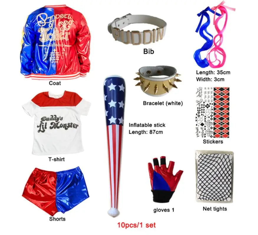 Harley Quinn kids cosplay costume set including jacket, t-shirt, shorts, and accessories