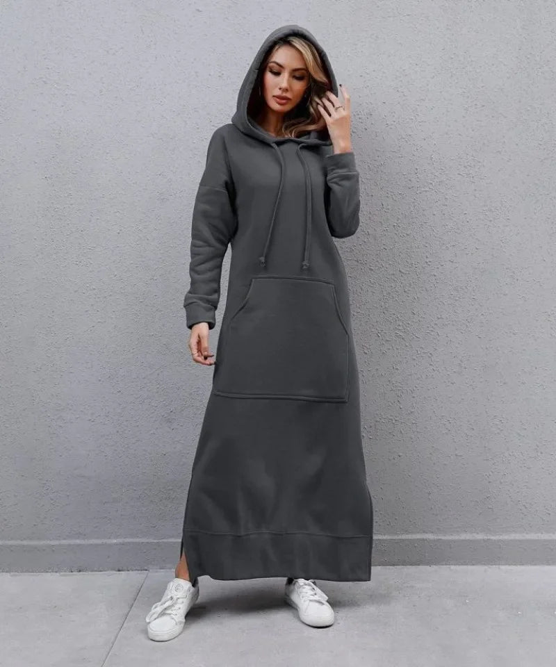 Autumn and Winter New Loose Size Knitted Hooded Long Dress Plush Casual Fashion Dress Large Pocket Skirt Women's Wear