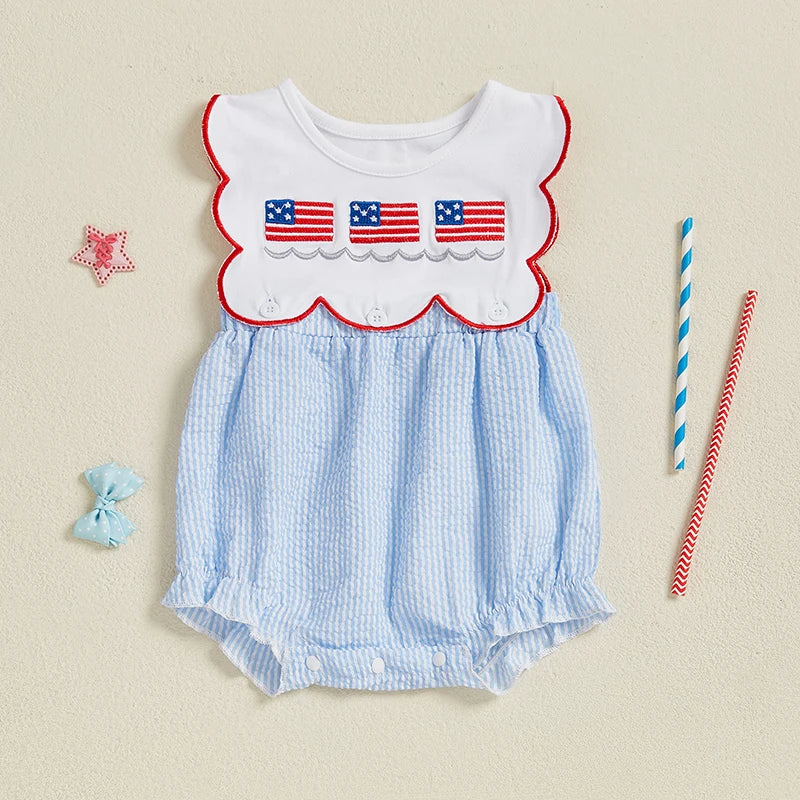 Toddler Girls Patriotic Sleeveless Romper with American Flag Embroidery and Striped Design for Independence Day