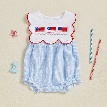 Toddler Girls Patriotic Sleeveless Romper with American Flag Embroidery and Striped Design for Independence Day