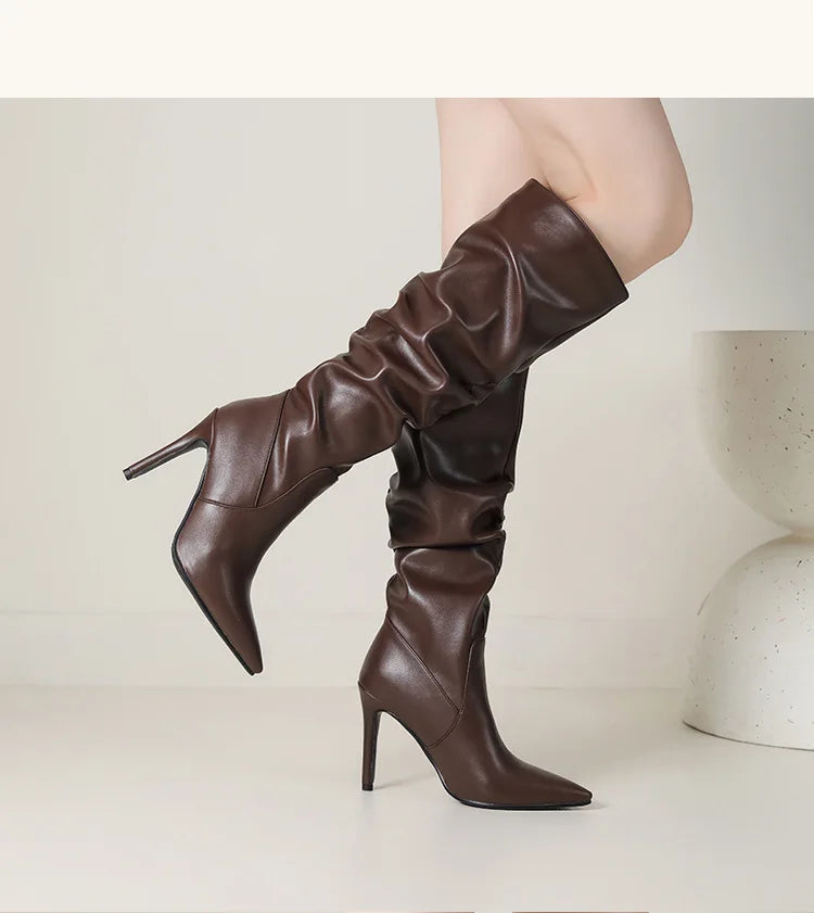 2025 Winter Knee Boots With Heels Woman 10CM Stiletto Fashion Slip on Pointy Autumn Shoes Women Soft Leather Pleated Long Boots