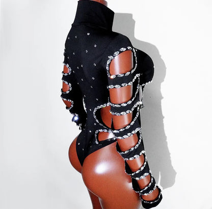 rhinestHollow Out Sexy Black Women Bodysuit pants Sets Long Sleeve Turtleneck Bodysuits Clubwear Costumes Stars Hot Singer Stage