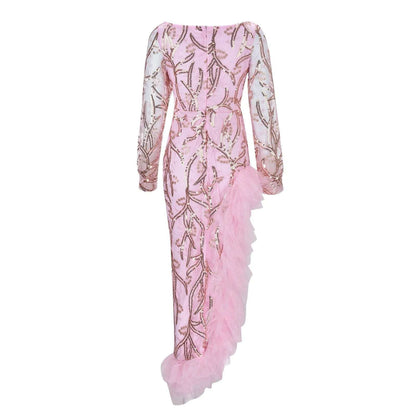 Women's Deep V-Neck Prom Dress Female Evening Gowns Long Sleeve Sequined Glitter Ruffles Split Maxi Dress Puffy Party Dress