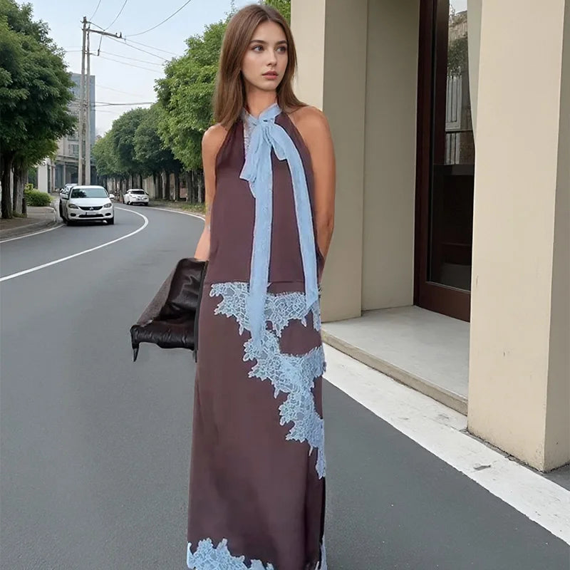 Contrast Patchwork Lace Maxi Skirt Suit Women Satin V-neck Sleeveless Skirts Suits 2025 Lady Summer Casual Daily 2 Pieces Set