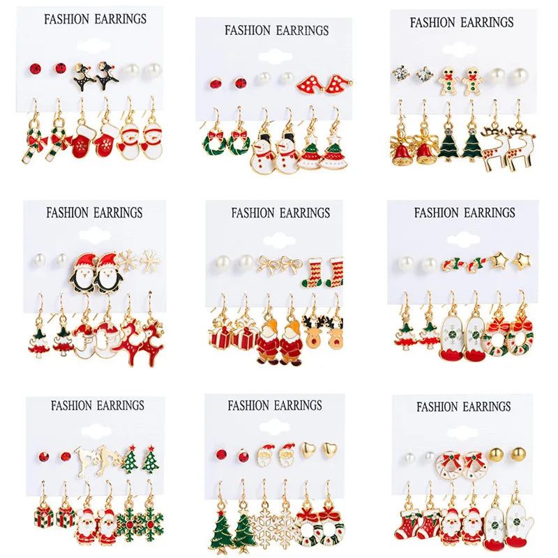 6 pairs Christmas Stud Earrings Xmas Tree Brown Elk Snowman Santa Claus Cute Christmas Earrings Christmas Gifts For Women Girls