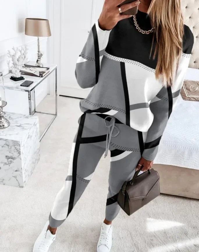 Autumn Winter Fashion Sports Style Two Piece Set Women Casual Printing Long Sleeve Tshirt Pants Two Piece Set Women