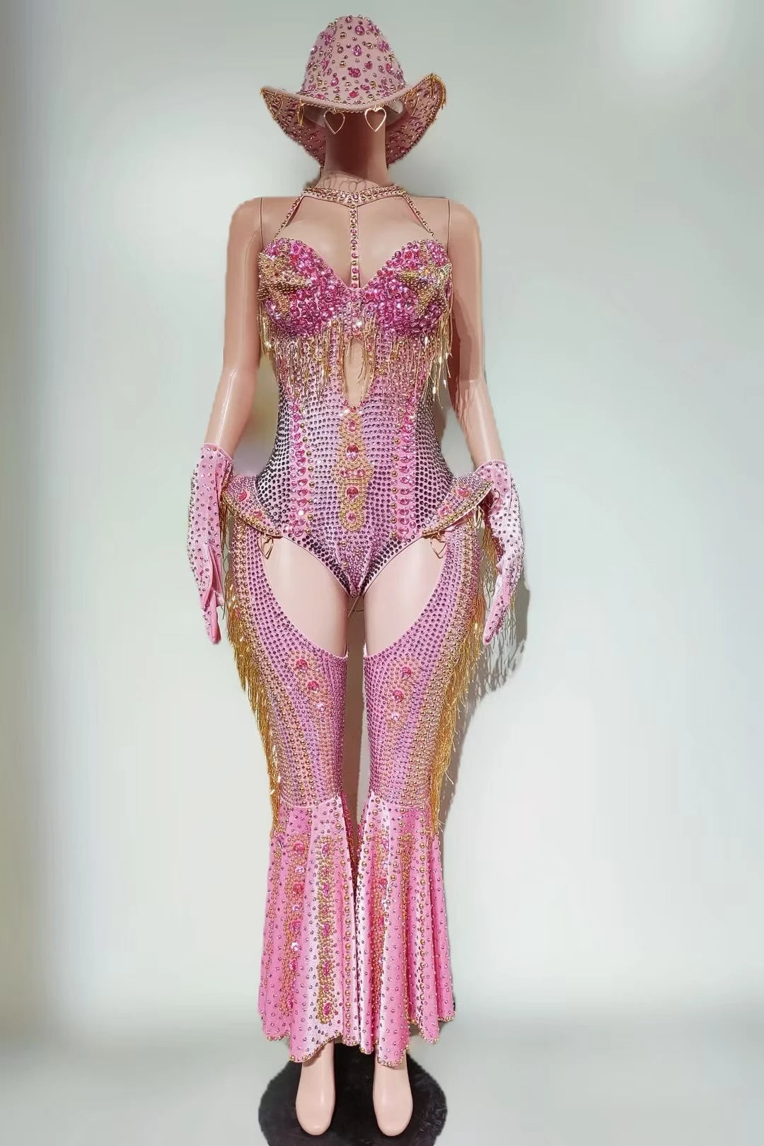 Women Sparkly Rhinestone Red Bodysuit 4Pieces Set Nightclub Party Stage Show Outfit Cabaret Carnival Showgirl Sexy Wear Hongding
