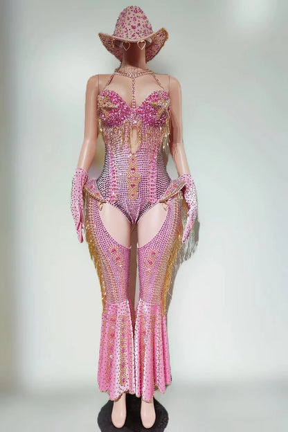 Women Sparkly Rhinestone Red Bodysuit 4Pieces Set Nightclub Party Stage Show Outfit Cabaret Carnival Showgirl Sexy Wear Hongding