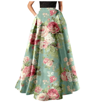 Korean Elegant Bohemian Skirts For Women 2024 Floral Print Maxi Skirt High Waist Pocket Party Beach Long Skirt Ropa De Mujer