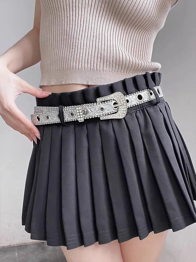 Black pleated skirt with gothic rhinestone belt for women showcasing stylish detail and fit